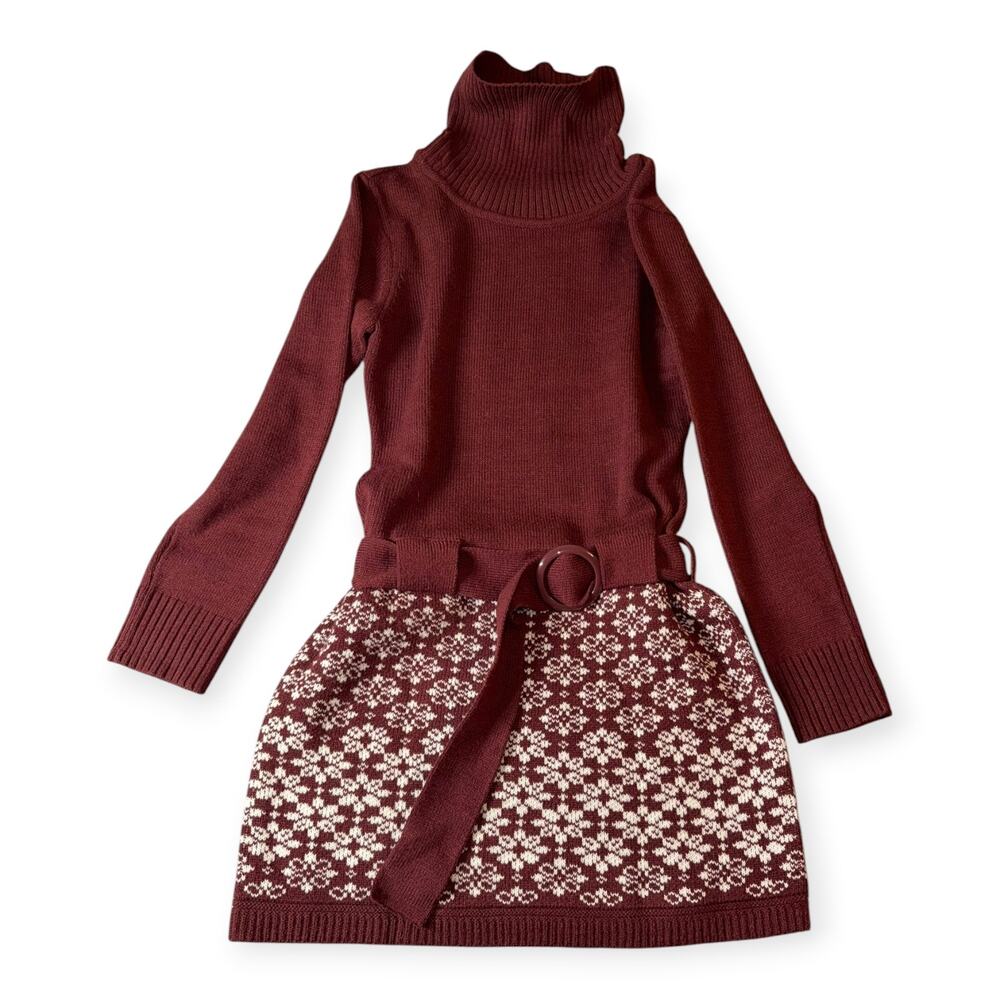 Venus Turtleneck Belted Sweater Dress, Cranberry/White, Acrylic, Women's Large